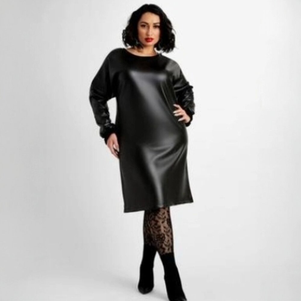 ASHLEY STEWART PLUS SIZEW FAUX LEATHER SHIFT DRESS | 34/36 | BLACK